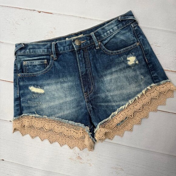 Free People Pants - Free People Denim Shorts Crochet Lace Trim Distressed Boho Size 27